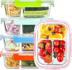 Glass  Storage Containers 3 Compartment with  (5 Pack, 34oz), Divided Glass Meal Prep Containers for Lunch at Work, Leak-Proof Portion Control  Containers, Microwave/Dishwasher Safe