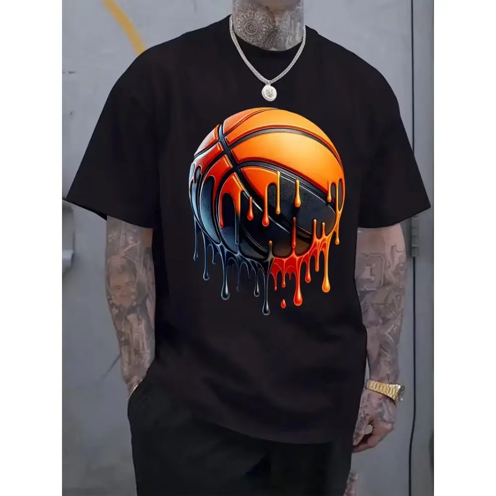 Men's Graphic T-Shirt - Stretchy Crew Neck Tee with Melting Basketball Design, Black/Orange/Blue Streetwear Shirt for Basketball Fans