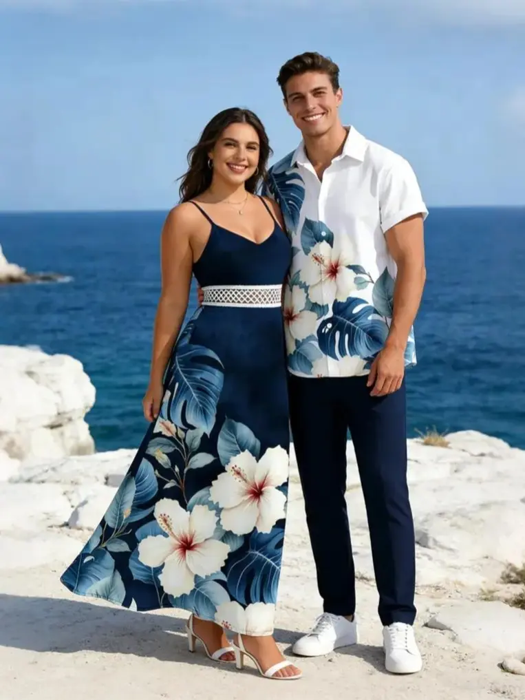 DRESSLILY 2026 Casual Tropical Vacation His and Hers Couple Outfits Set - Women's Smocked Breathable Spaghetti Strap Fitted Long Hibiscus Print Slit Lace Hollow-Out Fabric Dress; Men's Matching Button-Up Outfit
