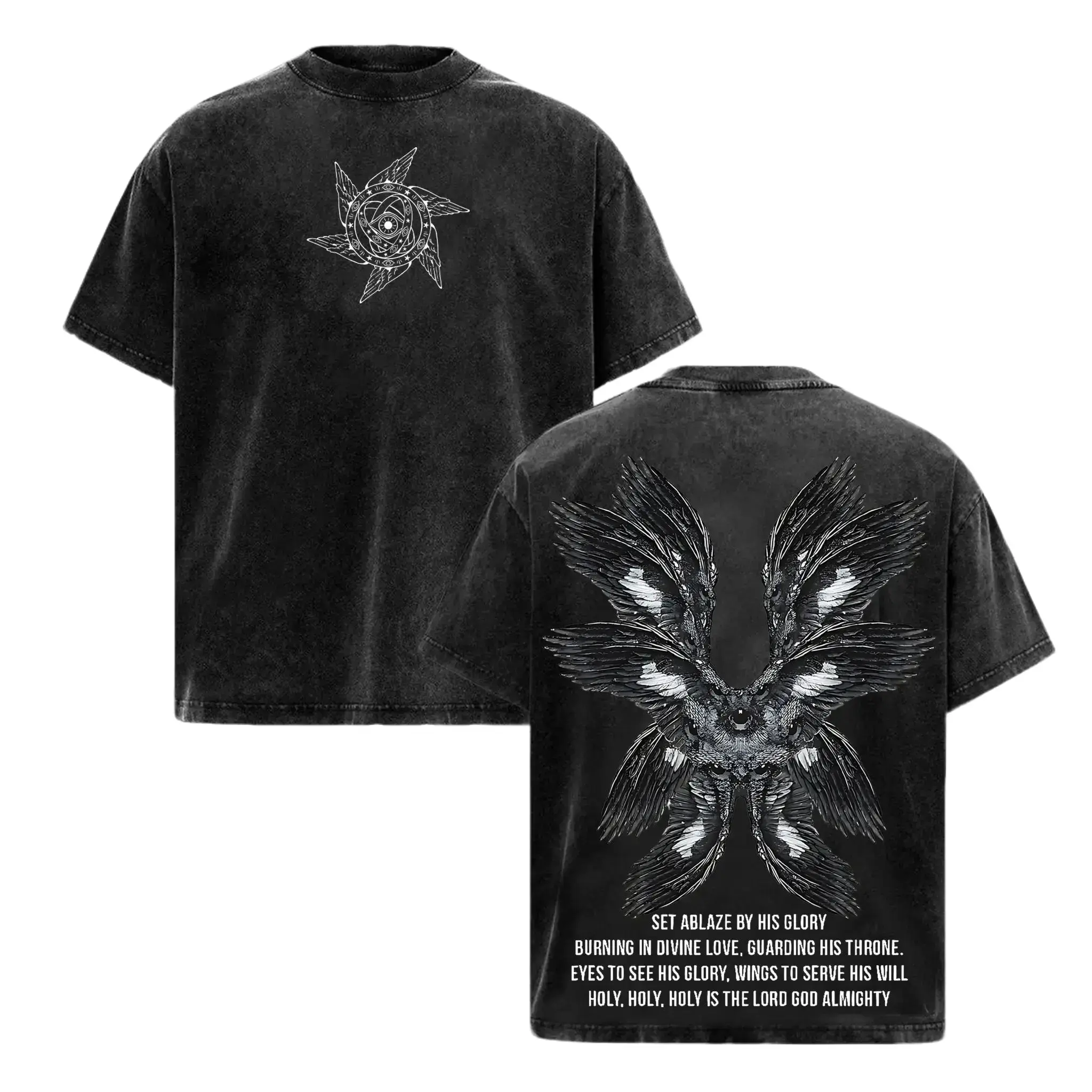 Seraphim Angel Vintage Washed Oversized Graphic T-Shirt Round Neck Short Sleeve Summer Casual Everyday Top Machine Washable High-Res 2D Effect Pure Black White Background Christian Streetwear Faithcore Jesus Apparel Bible Verse Believers Gifts For Men