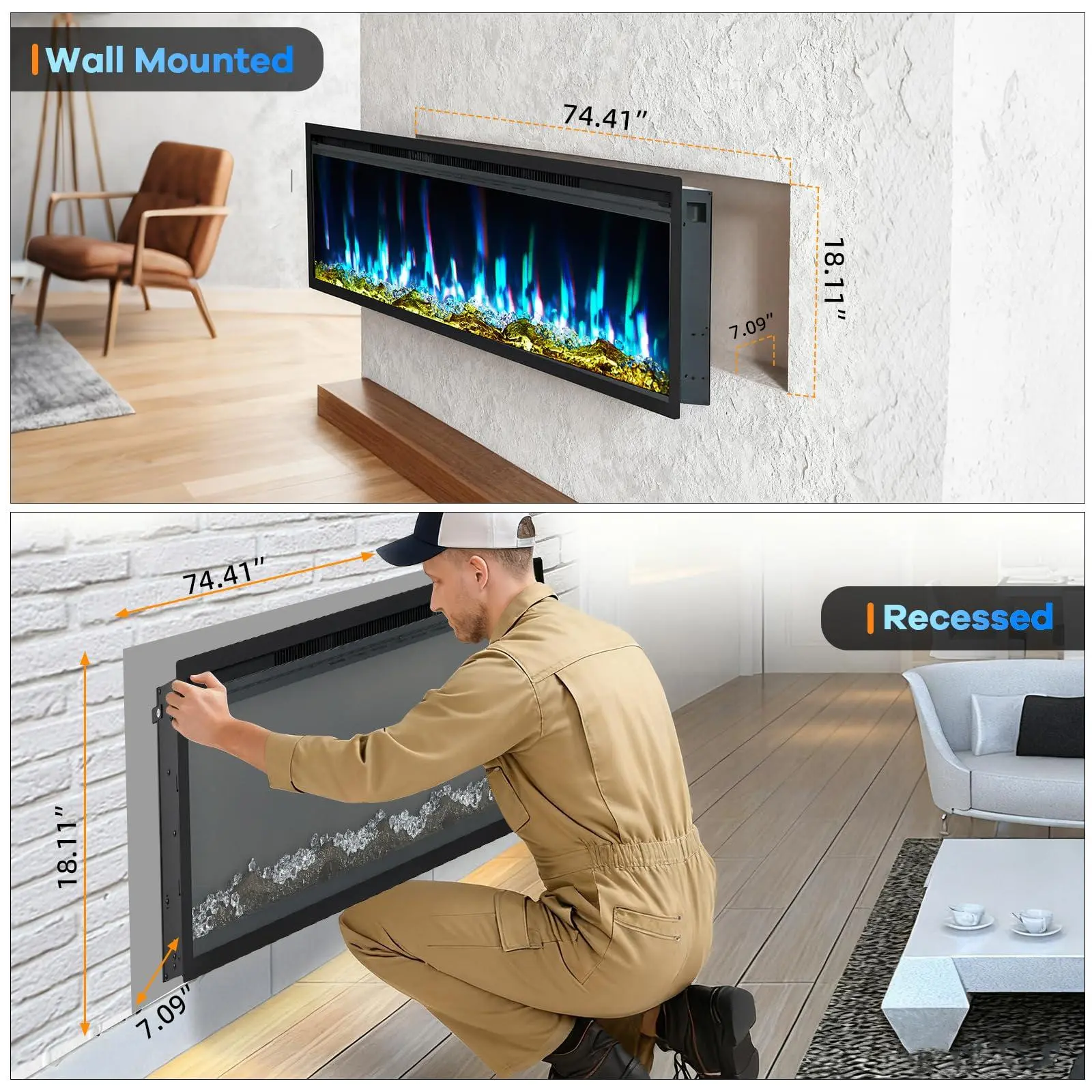 Wall Mounted Electric Fireplace, 120V 1500W, Recessed/Wall Mounted, Remote & Touch Control, 12 Flame Colors, Timer, Heater, Ultra-Thin Quiet (72 in with WiFi&Alexa)