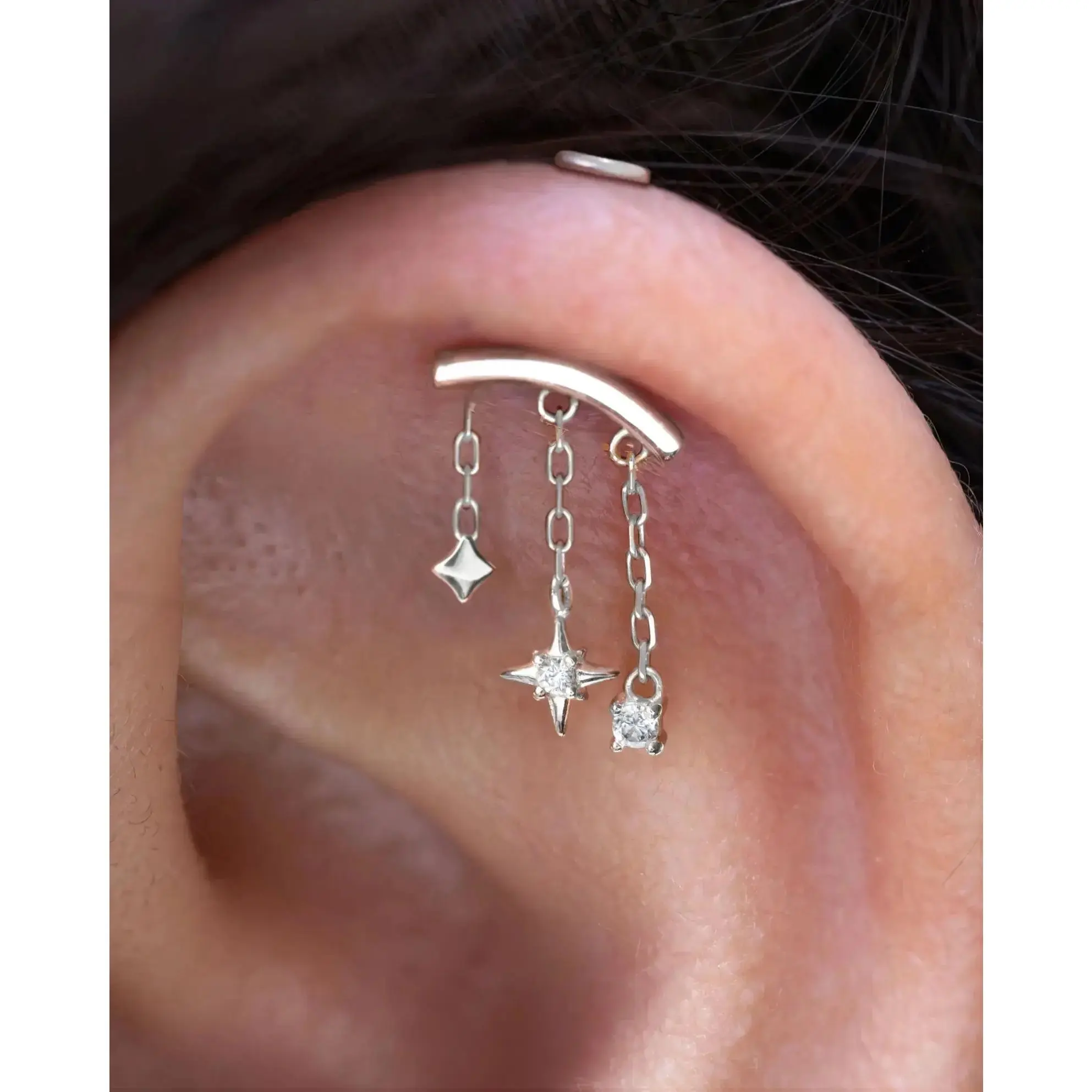 VERTICAL Helix Dangle Chain Earring, Celestial Earrings, Hidden Helix Flatback Earrings, Helix Piercing Jewelry, Sterling Silver Earrings, Flat Back Earrings