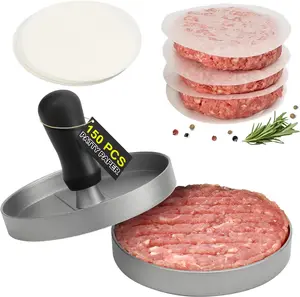 Aluminum Burger Press with 150 Patty Papers, Non-Stick Hamburger Maker for Grill, Griddle, BBQ & Barbecue, Portable Kitchen Tool