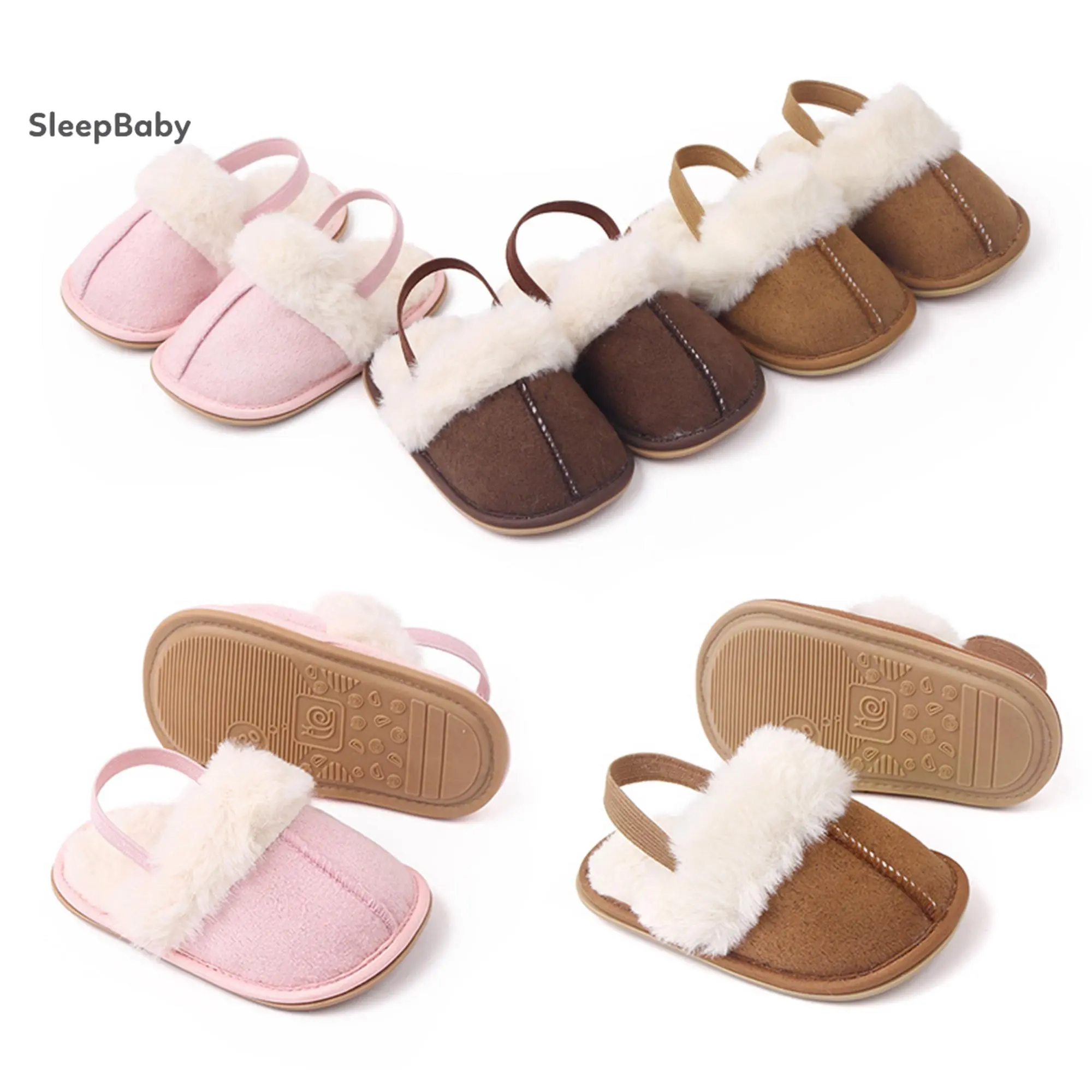 Toddler Infant Shoes, Unisex Fluffy Plush Slides with Contrast Color Design, Warm Winter House Slippers with Non-Slip Rubber Sole, Toddler Shoes Infant, Kids Shoes
