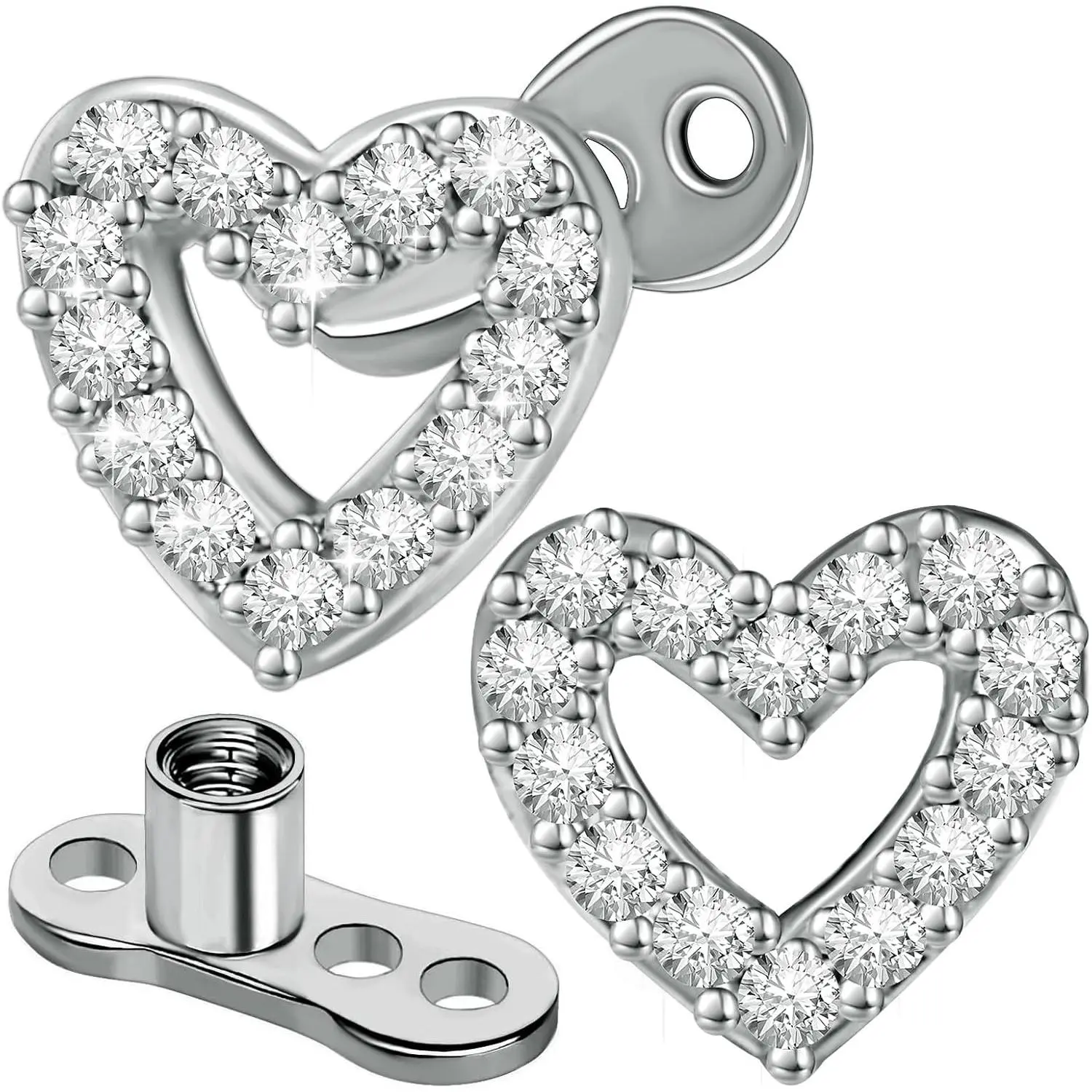 2 PCS 14G Surgical Titanium Steel Dermal Anchor Jewelry - Internally Threaded Cubic Zirconia Diamond Studs, Lightweight Lead & Nickel-Free Helix Stud Piercing Jewelry for Female, Male, Base Surgical, Lightweight Lead And Nickel-Free Piercing Jewelry