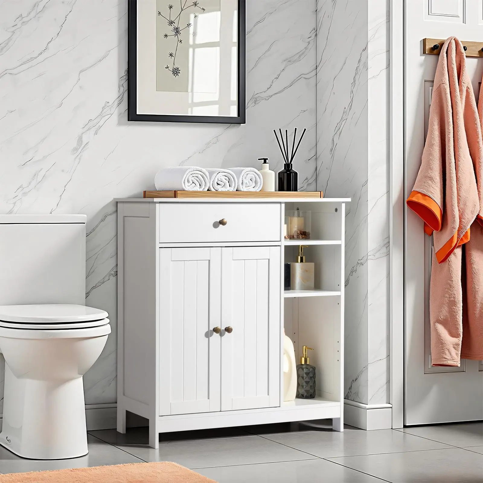 【Summervibes】Ubesgoo White Double-Door Bathroom Cabinet with 2 Adjustable Panels, 1 Drawer and 3 Side Shelves