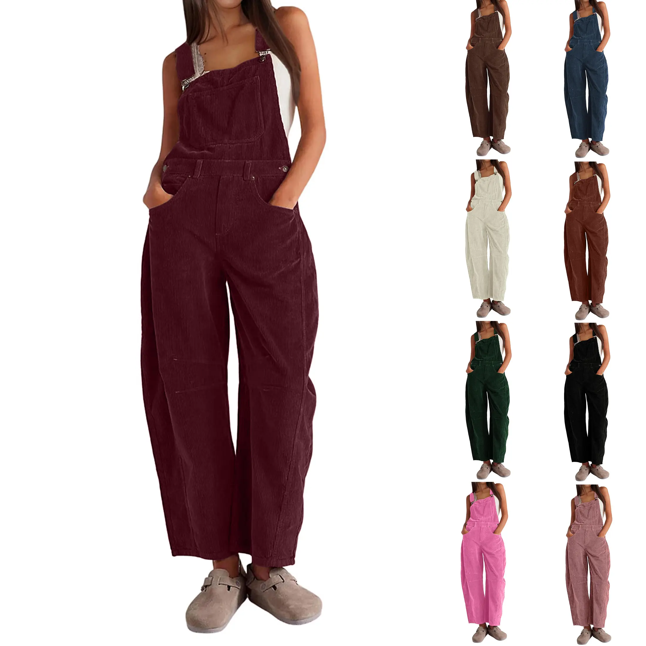 Naeduo Women's Sleeveless Corduroy Bib Overalls for Women - Casual Wide-Leg Jumpsuit with Soft Fabric, Adjustable Black Straps, Front Pockets, Button Closure, Tie Back, Chic Drape, Basic Dark Green Style
