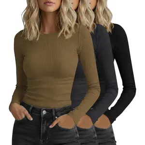 3 Pack Womens Ribbed Long Sleeve Tops, Crew Neck Slim  Stretch Layering Basic T Shirts  Casual Wear