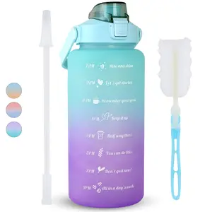 Mint Berry 64 OZ/Half Gallon Water Bottle Jug Motivational Time Marker Straw with Brush Leakproof BPA Free Reusable, Drink Enough Water Daily for Fitness, Gym, Outdoor Sports Activity (Blue Purple)
