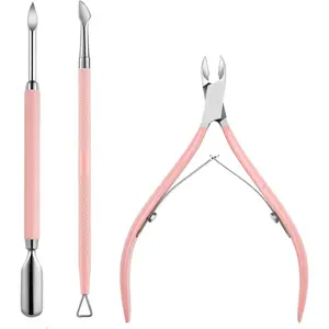 Cuticle Trimmer and Pusher Set – 3 PCS Professional Cuticle Nipper, Stainless Steel Dual-End Cuticle Pusher & Nail Scraper for Manicure Pedicure, Pink Cuticle Remover Tools