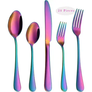 Rainbow Flatware Cutlery Silverware Set 20 count, Stainless Steel Colorful Utensils, Tableware Set Service for 4, Include /Fork/Spoon, , Mirror Polished, Dishwasher Safe