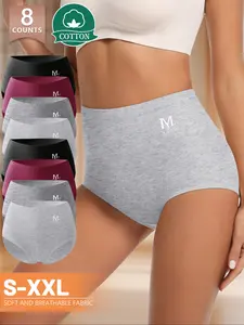 Women's Cotton Mid-High Waist Panties, Soft Breathable Sweat-Free, Comfortable Skin-Friendly Triangle Underwear, High Waisted Underwear, Fit, S-Xxl, 8 Pack