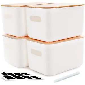 Citylife 4 Packs Plastic Storage Bins with Bamboo lids Stackable Storage Containers for Organizing Bundled with Labels and Marker 10.24 x 7.01 x 6.1 inch