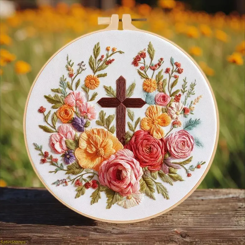Flower Embroidery Handmade Craft Kit - Adult DIY Handkerchief Set, Beginner-Friendly Fabric Crafting, Elegant Floral Design, All Supplies Included with English Guide