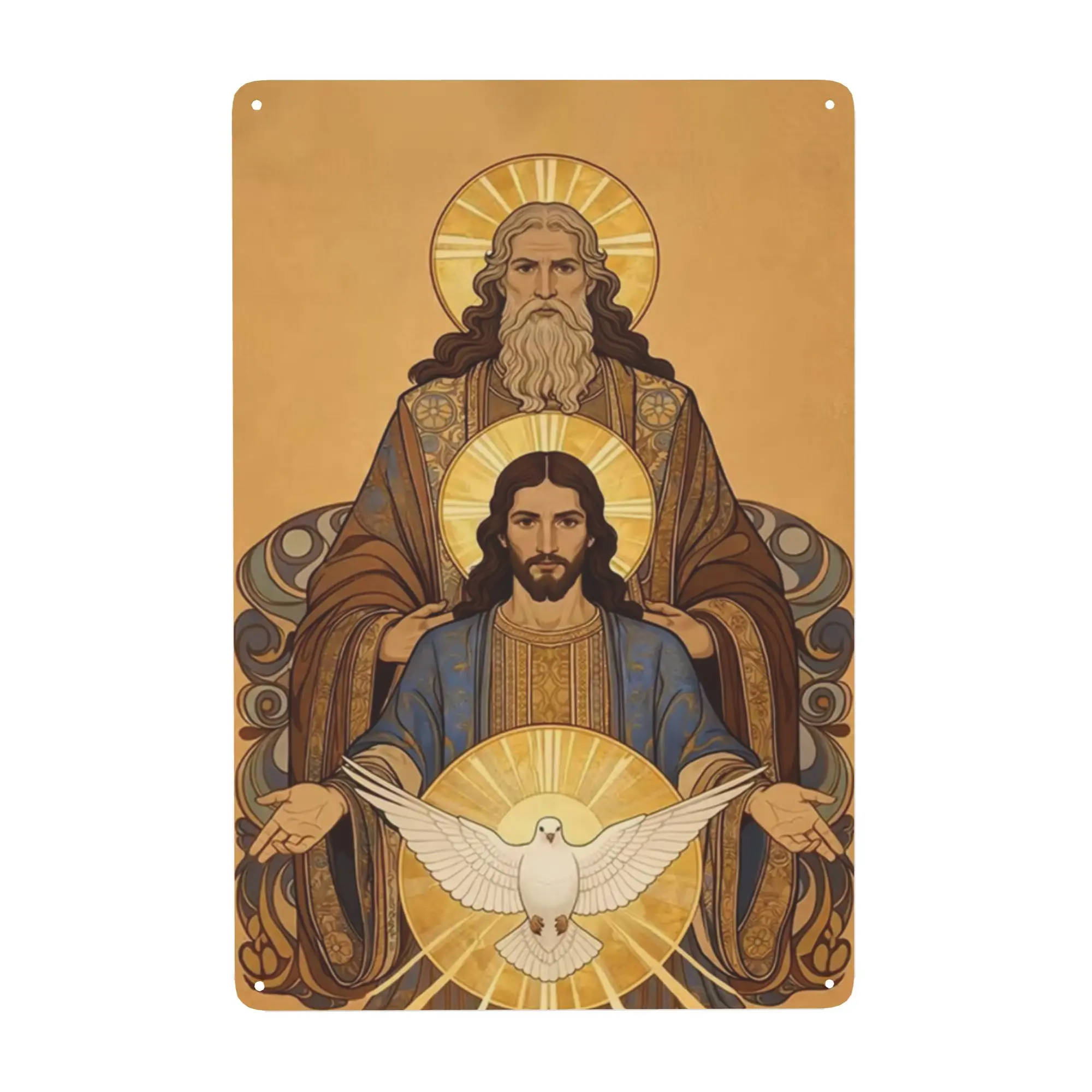 Vintage Distressed Iron Tin Sign - Elegant Holy Trinity Father Son Holy Spirit White Dove Art Nouveau Wall Plaque, Christian Hanging Decorative Catholic Religious Wall Decor for Prayer Room, Home Sanctuary
