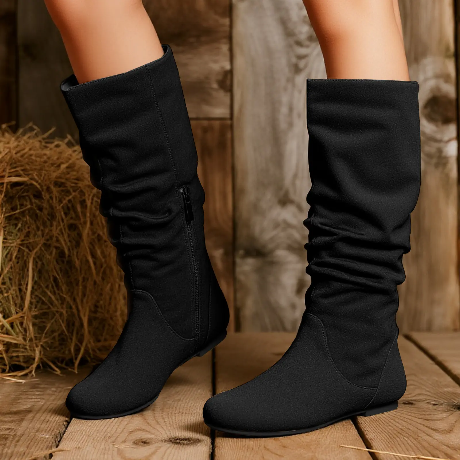 NO BRANDE Women's Faux Suede Slouchy Knee-High Boots - Round Toe, Flat Heel, Fabric Liner, Slip-Resistant Rubber Sole, Solid Design, Semi-Side Zipper, Synthetic Material, Pull-On, Fall-Winter Casual Walking Footwear