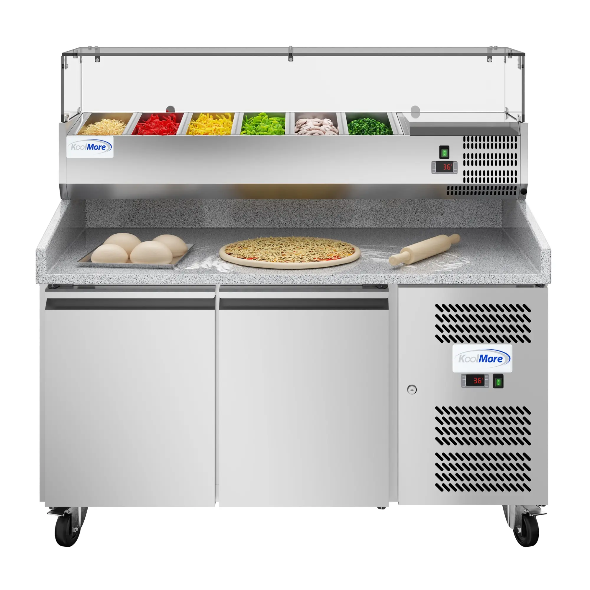 KoolMore New 59 in. Commercial Refrigerated Granite Top Pizza Prep Station, Stainless Steel Condiment Pan Holder, 12.99 Cubic Feet, 36-46°F Cooling for Restaurants & Commercial Kitchens (KM-RPCPS-2D59-GRT)