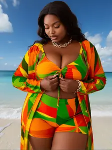 Plus Size Tropical Print 3-Piece Swimsuit Set with Cover Up (1XL-4XL)