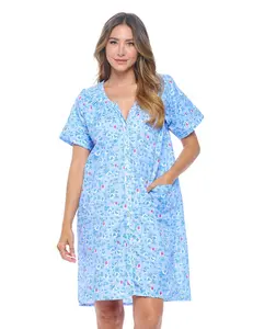 Casual Nights - Snap Front Lightweight Housecoats for women | House Dresses With Pockets | Women's Short Sleeve Duster | Lounging & Post-Surgery Wear | Cotton Poly Knit, Mid Calf