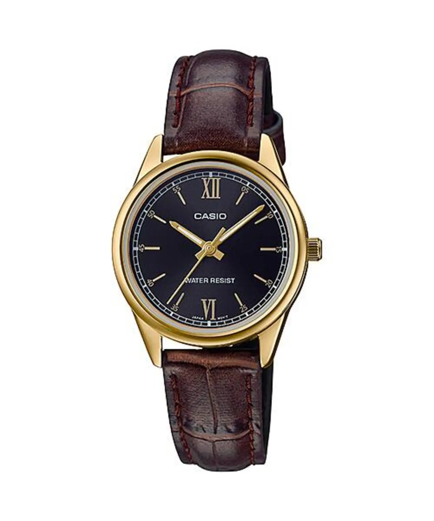 Casio Women’s Gold Tone Analog Watch with Black Dial and Brown Leather Band - LTP-V005GL-1B2UDF