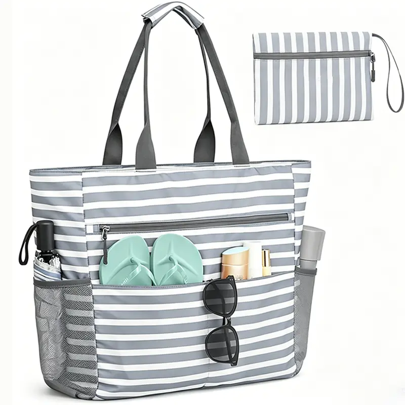 Beach Bags for Women, Large Waterproof Sandproof Beach Tote Bag with Zipper Family Pool Bags with 40oz Tumbler Pocket, Swim Cruise Vacation Essentials Lightweight Tote Bag Pastel Canvas Tote