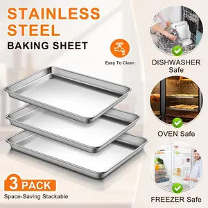 3-Piece Commercial Grade Stainless Steel Baking Sheet Set with Aluminium Baking Pans, 12/10.5/17.5 in Nontoxic Heavy-Duty Oven-Safe Trays, Rust-Resistant, Warp-Resistant, Nonstick, Thick, Firm, Easy to Clean Bakeware