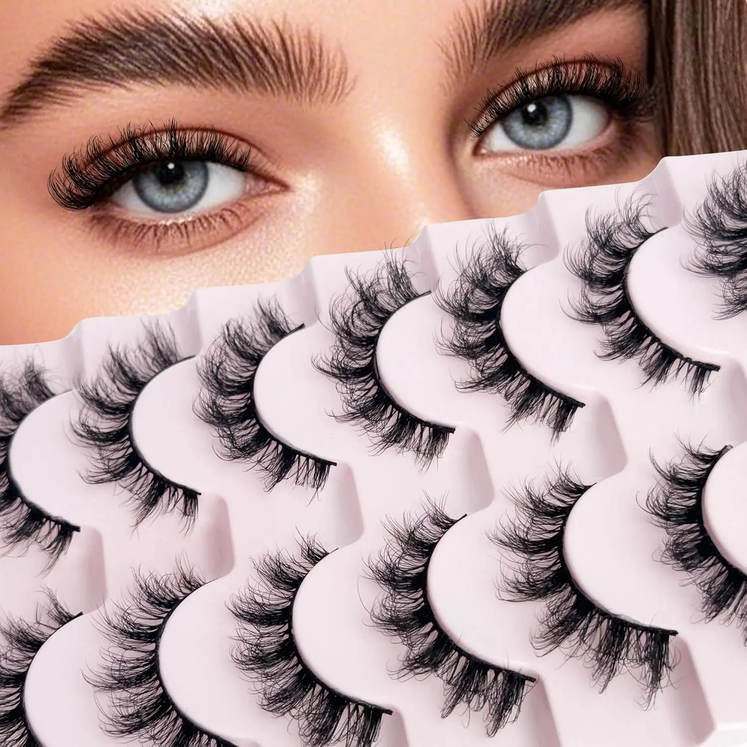 7 Pairs 12mm D-Curl Faux Mink False Eyelashes, Short Wispy Cat Eye Strips, Fluffy Thick Volume, Natural Extension Look, Reusable Makeup Lash Set