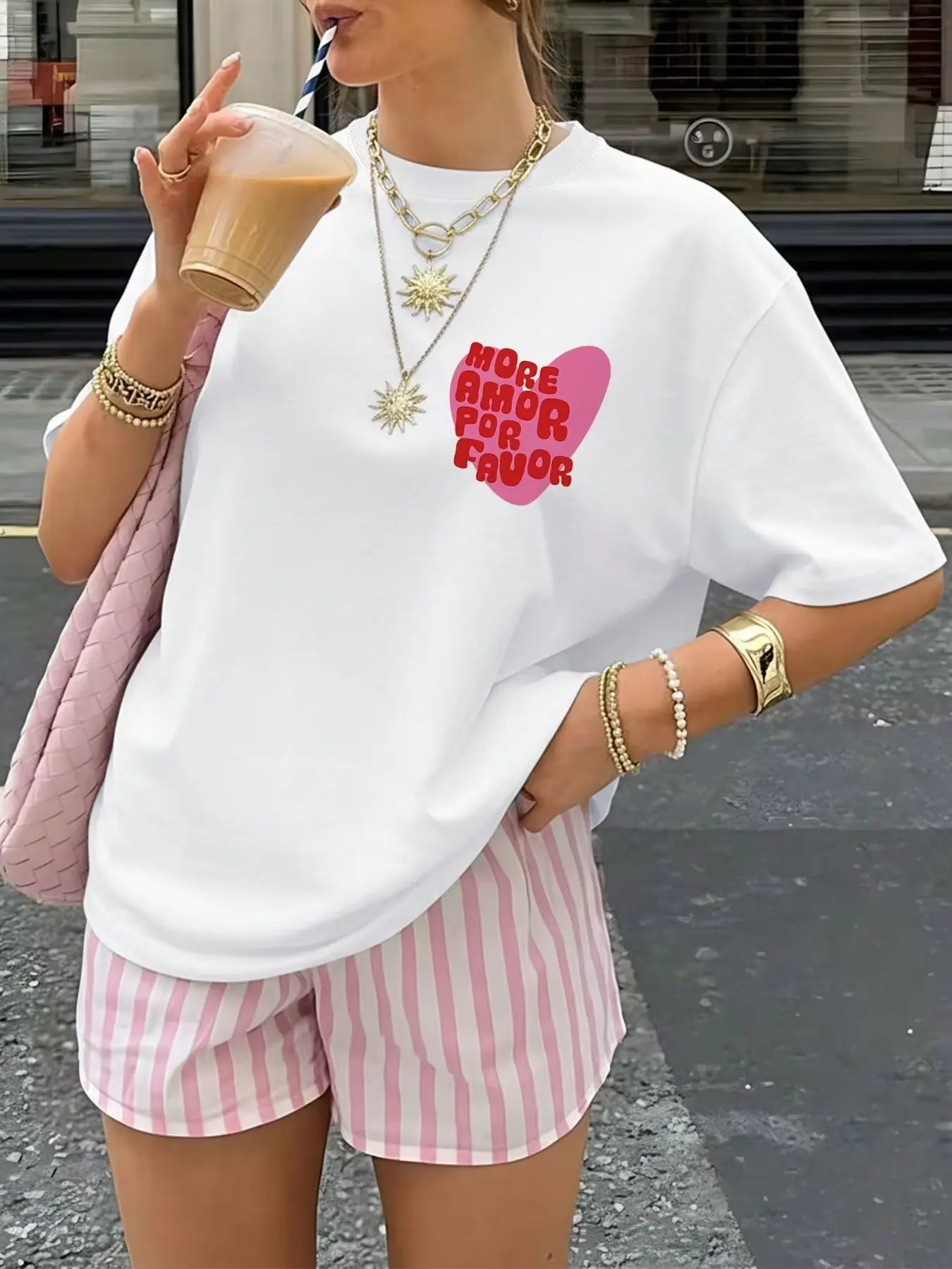 New Summer CollectionDouble-Sided Print Pure Oversized T-Shirt, Vintage Style, Heart, Checkerboard, MORE Print, Pure, Daily Casual Loose Short Sleeve