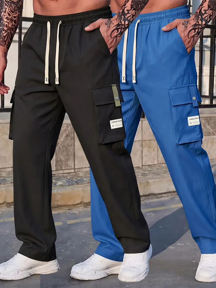 2 Pack Workwear Utility Straight Cargo Pants, Complete Elastic Drawcord Waist, Contrast Strap Flap Pockets With Cargo Label, Smooth Lightweight Solid Labor Trousers Multi Pack