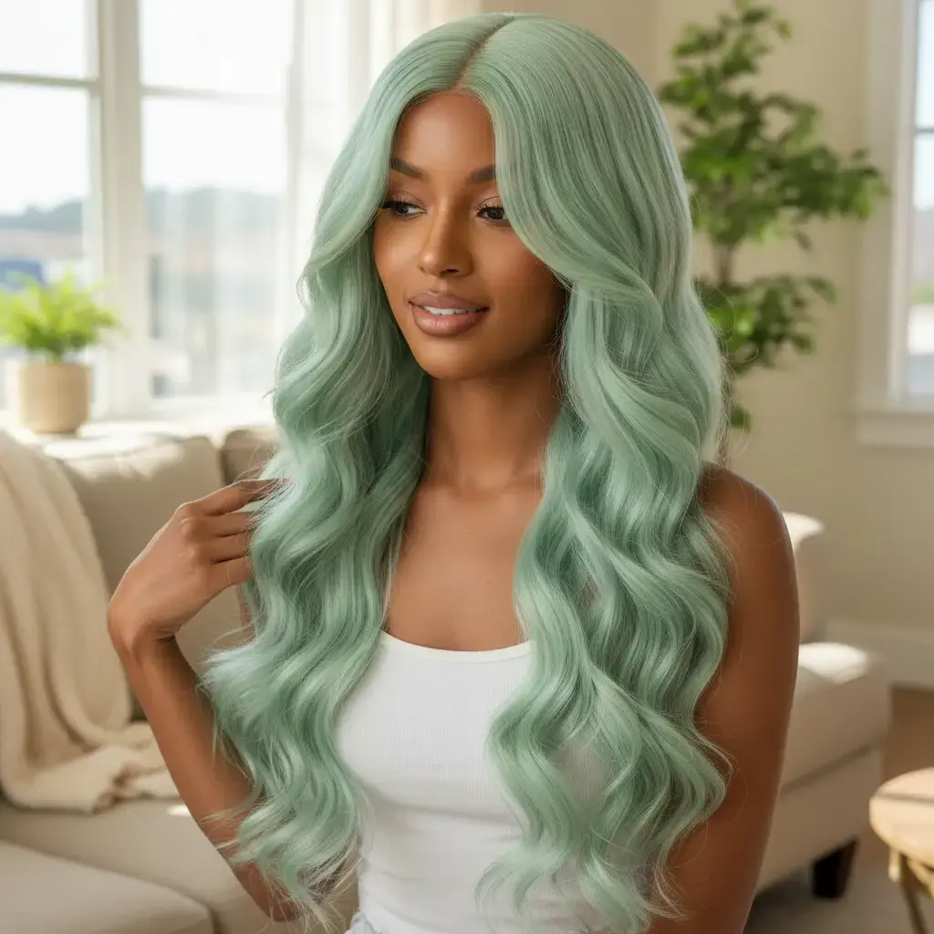 Mint Green Synthetic Full Machine Wig, Fashion Accessory for Hair Extension Needs