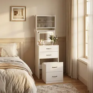 3 in 1 Large Vanity Desk with 3 Color LED Touch Control, Compact Makeup Vanity Set with 2 AC Outlets & USB, Dressing Table with Drawers & Acrylic Doors, Nightstand Vanity Mirror, Jewelry Box, Hidden Chair, White