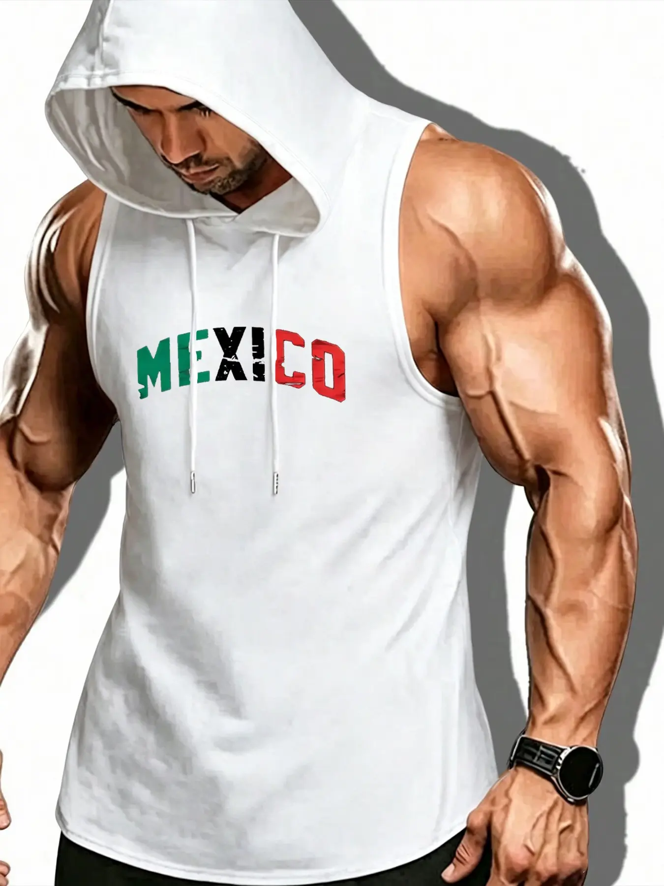 Men's Summer Sleeveless Hooded Drawstring Sport Vest, Mexico Emblem Print, Comfortable Breathable, Ideal for Fitness and Casual Wear, Sports Singlet, Sporty Vest