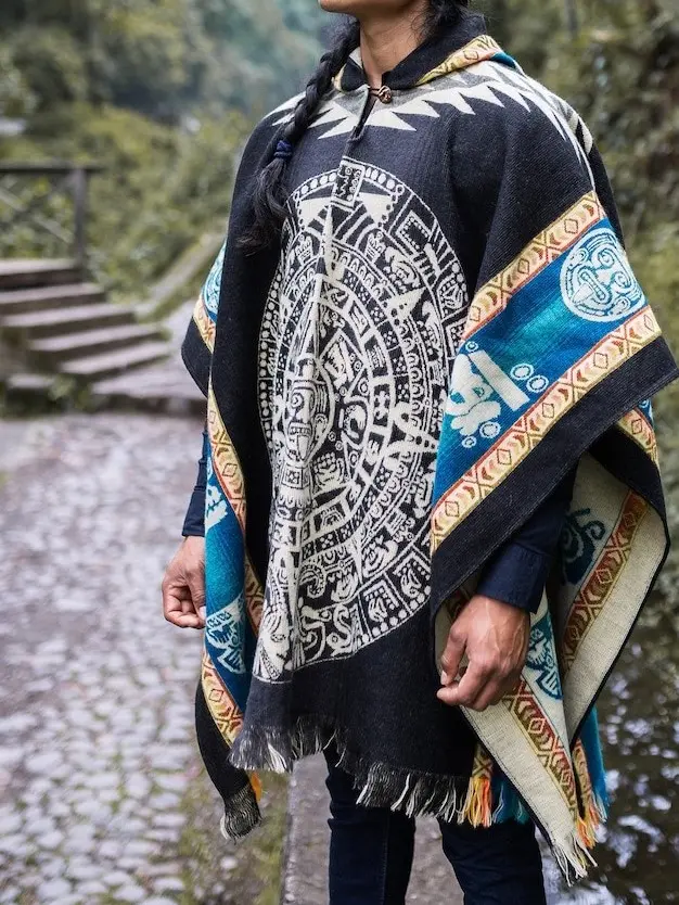 Handmade Alpaca Wool Poncho (Aztec Calendar Black IV) Super soft and warm with a hood. One size and Unisex use