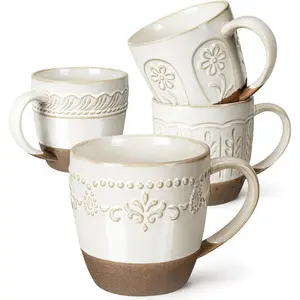 Artena Ceramic Coffee Mugs Set of 4, 16oz Large Embossed Mugs - Modern Cups for Latte, Cappuccino, Tea & Hot Cocoa - Dishwasher & Microwave Safe - Elegant White with Decorative Patterns - Home & Kitchen Essential