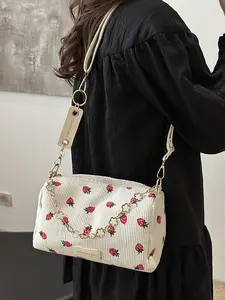 Fashion Strawberry Pattern Shoulder Bag, Casual Versatile Zipper Crossbody Bag for Women, All-match Commuter Bag for Daily Used, Girl Fashionable Shopping Bag