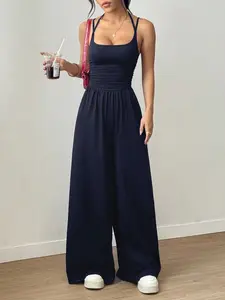 Summer New Solid Color Strapless Women's Casual Wrap Vest Jumpsuit, Sleeveless, Wide Leg Loose Fit, Fashionable and Comfortable