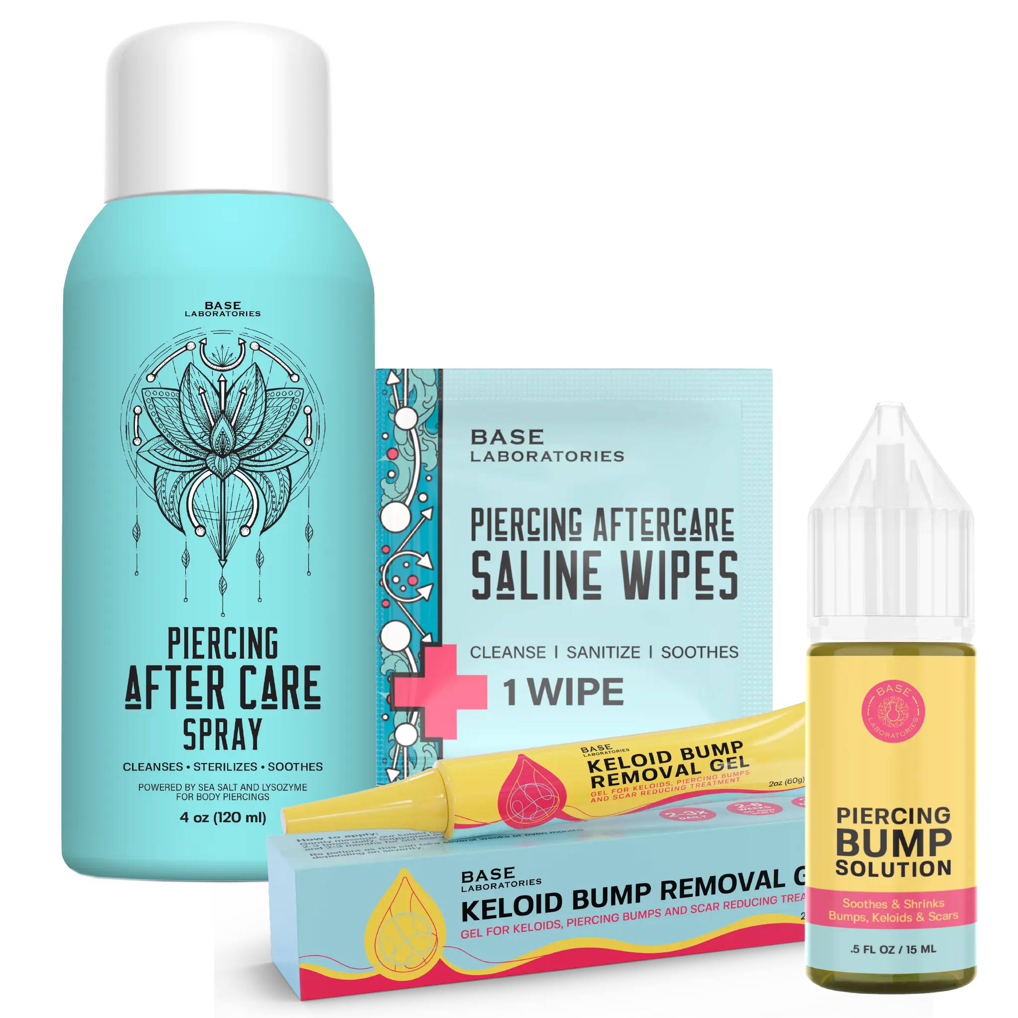 Base Laboratories Complete Piercing AfterCare Collection with Saline Hypochlorous Acid Spray, Bump Treatment Oil, and Keloid Scar Care for Healthy Piercings Remedies Healthcare