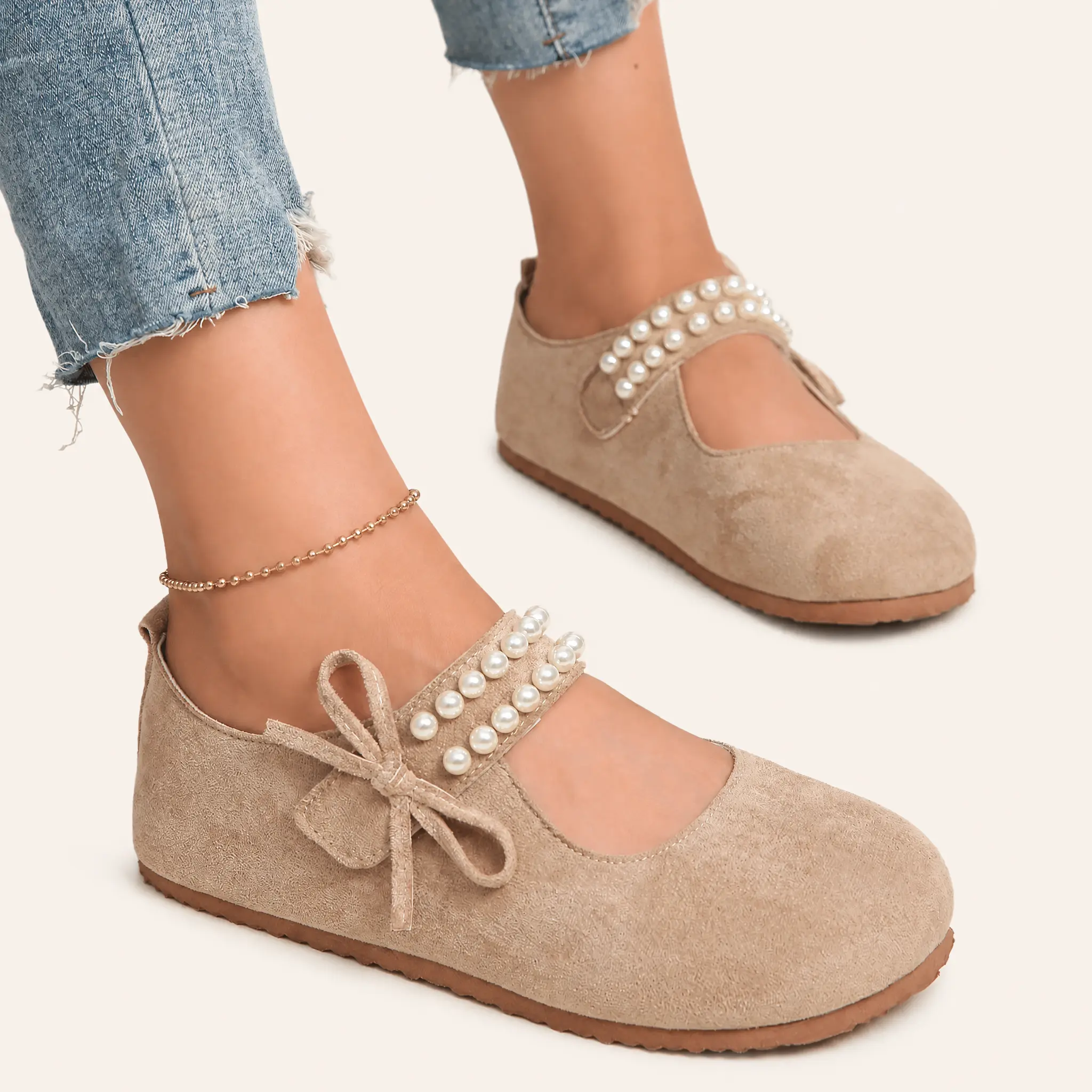 Women's Classic Mary Jane Flats, Faux Leather Slip-On Shoes with Pearl Strap and Bow, Cushioned Round Toe for Casual Party Wear, Footwear