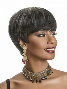 Deep Elf Short Hair Wig, Human Hair Material with Bangs, Bob Wig, 6-Inch Straight Elf Wig, 180% Density, Fully Mechanical Made