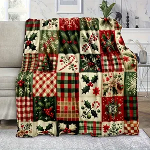 A Traditional Christmas Patchwork Fleece Blanket - Festive Home Decor, Featuring a Classic Red And Green Pattern, Soft And Comfortable, Suitable for All Seasons, Tear-Resistant, Machine Washable, Digitally Printed, Made of Polyester Fiber