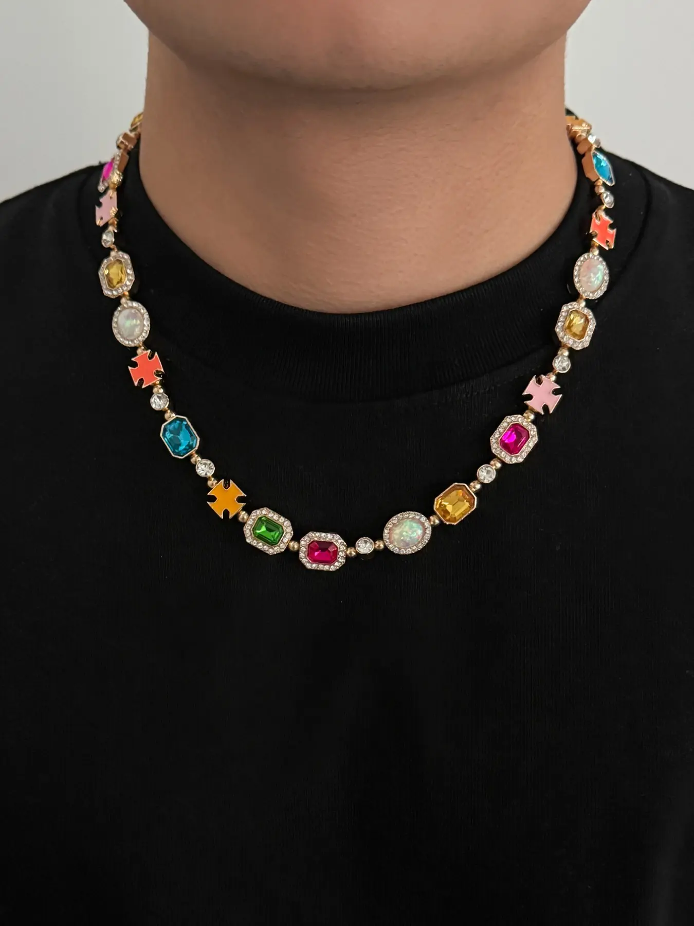 Sweet Cool Colorful Gemstone Necklace Bracelet Set, Cross Element Contrast, Y2K Fashion Jewelry, Trendy Jewelry Set, Festival Party Accessory, Matching Jewelry Set