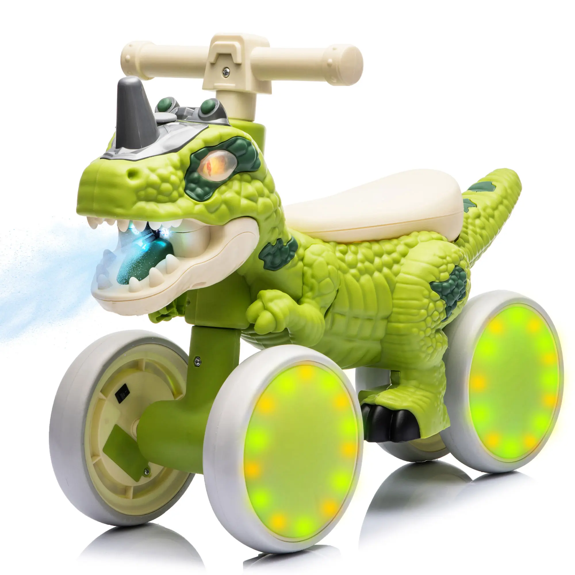 Toddler Dinosaur Ride-On Toy Balance Bike for Ages 1-3, 4-Wheel No-Pedal Walker Scooter with Light-Up Wheels, Spray Function, Dinosaur Sounds, Music, EVA Tires, Safety-Enhanced Design, Dinosaur For Toddlers