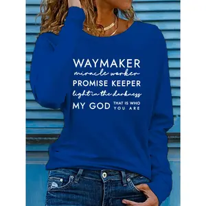 Women's Casual Round Neck Long Sleeve T-Shirt, Printed with "Waymaker, Miracle Worker, Promise Keeper" Inspirational Quotes, 100% Polyester Knit Fabric, Spring and Autumn - Letter Pattern - Suitable for Gift Giving! Long Sleeve Long Sleeve outdoorfun