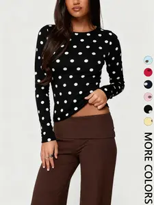 Women's Polka Dot Long Sleeve Slim Fit Short Top, Vintage Bodycon, Perfect for Dates and Shopping, Stylish Casual Wear