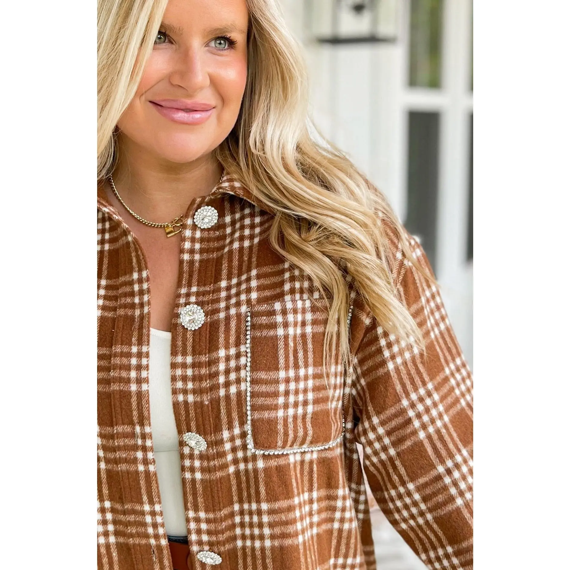 Braydon Flannel Shirt Shacket Jacket Top with Pockets and Rhinestones