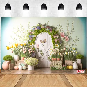 Photography Background Spring Garden Romantic Floral Arch Wooden Door Butterfly Girls' Birthday Party Decor Backdrop Photo Studio