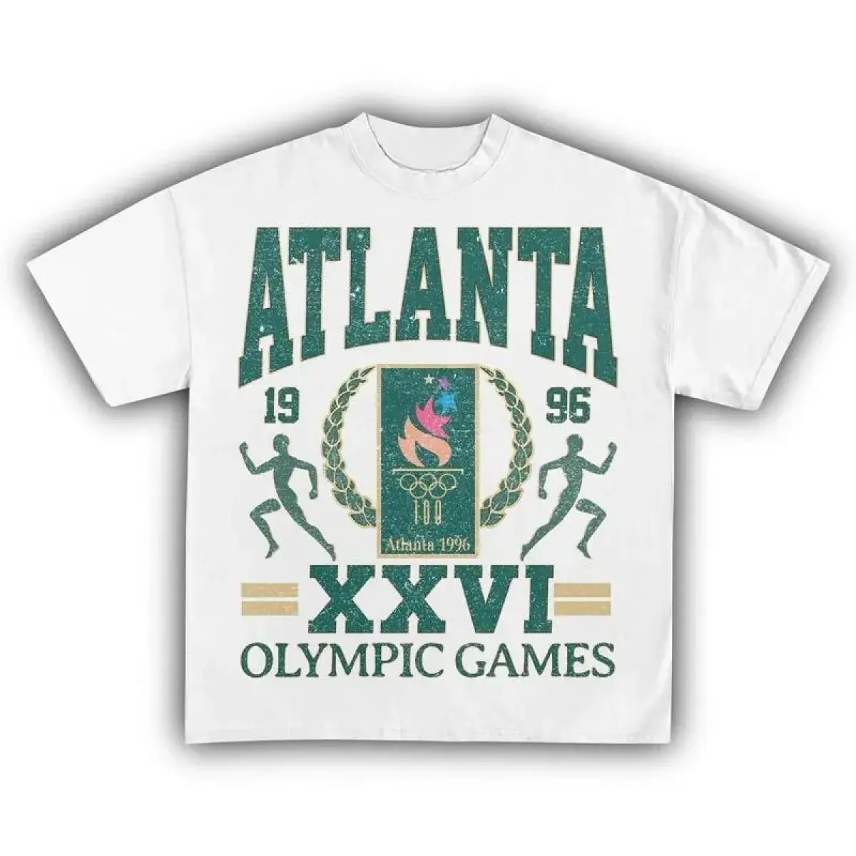 Men's Boxy Cut Shortsleeve Round Neck T-Shirt - 2026 Summer Streetwear Clothing, 96 Atlanta Summer Games Centennial Broken-In Vintage Graphic Tees, HD Print, Tropical Drape Loose Fit Unisex Casual Everyday Menswear