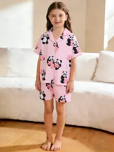 2-piece children's foundation make-up all over sweet circle bear printed short sleeve shorts soft and comfortable button closure lapel design elastic waist for four seasons home everyday casual children's pajamas set Pastel Cute Pajamas