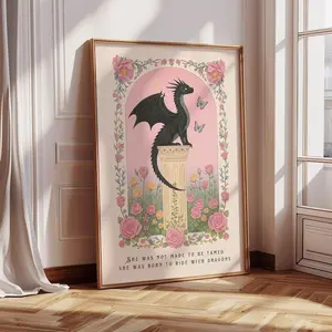 [Unframe] Fantasy Dragon Poster, She Was Born to Ride with Dragons Quote, Bookish Wall Art, Fantasy Book Readers, Pink Floral Poster, Dragon Lover Gift