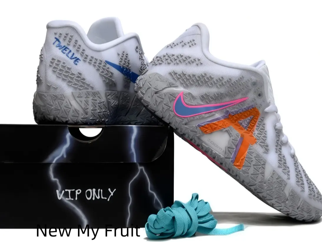 All White Multi-Color Logo Low Top Basketball Shoes 3D Raised Dot Breathable Knit Upper Pink Blue Orange Side Decor Grey Speckled Rubber Outsole Shock Absorb Midsole Unisex Game Sneakers With Extra Cyan Laces